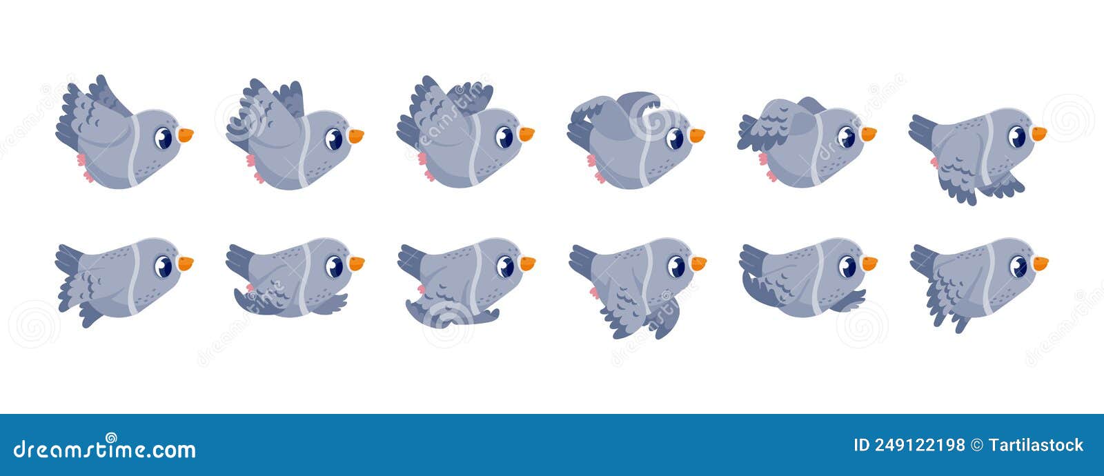 pigeon flight animation. game fly frame sequence sprite asset with cartoon flying bird character winging in the sky