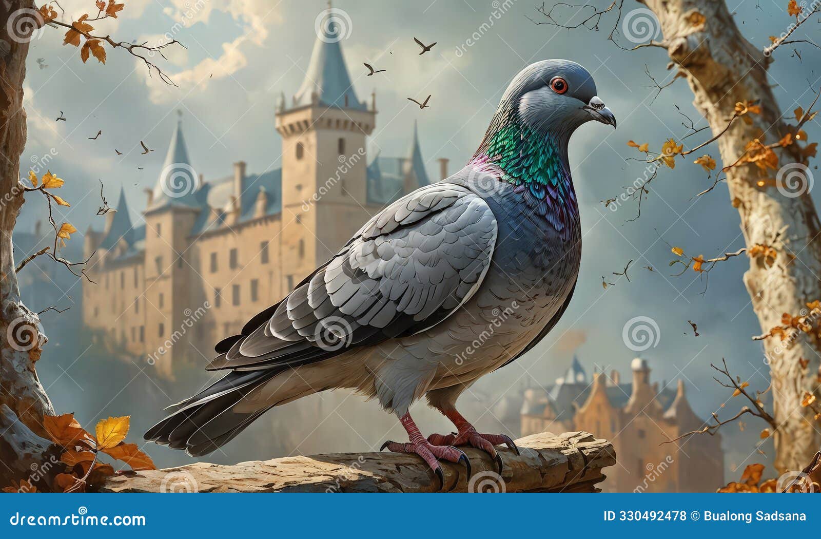 pigeon sitting on tree branch in front castle