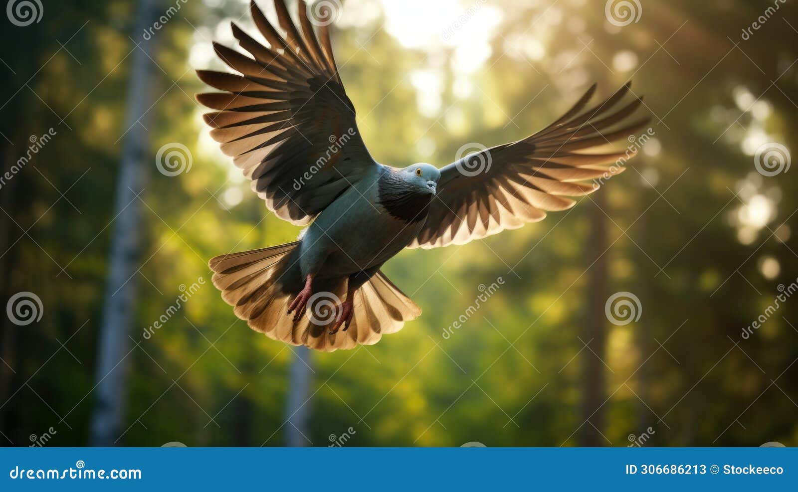 realistic pigeon flying in forest with sunlight - vray precisionist art