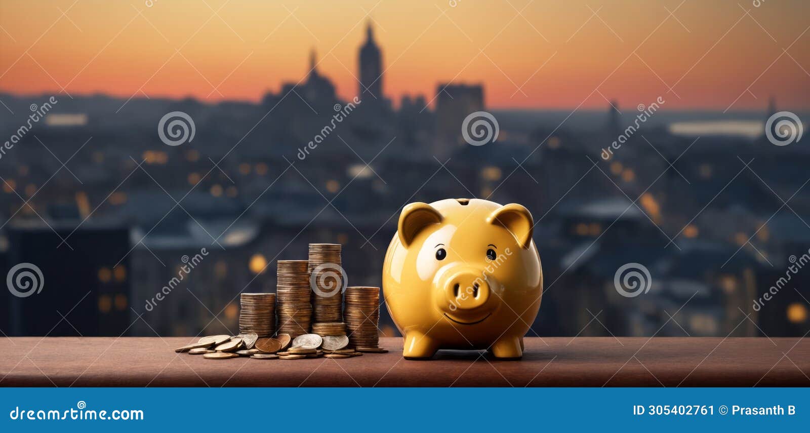 piggy bank with coins and bank blurred building background dark themed wide banner with copy space area