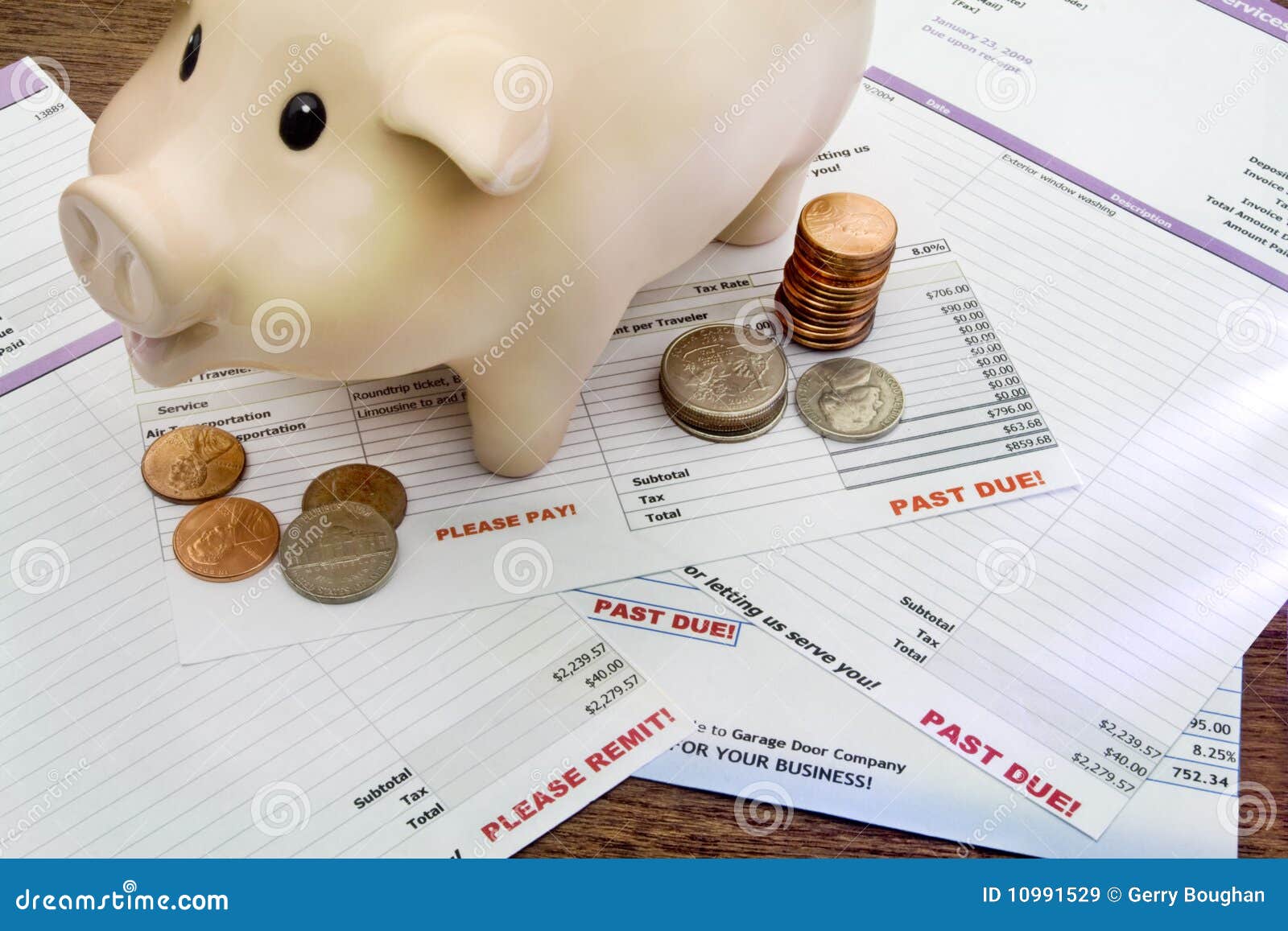 Piggy Bank With Coins And Delinquent Bills. Stock Image ...