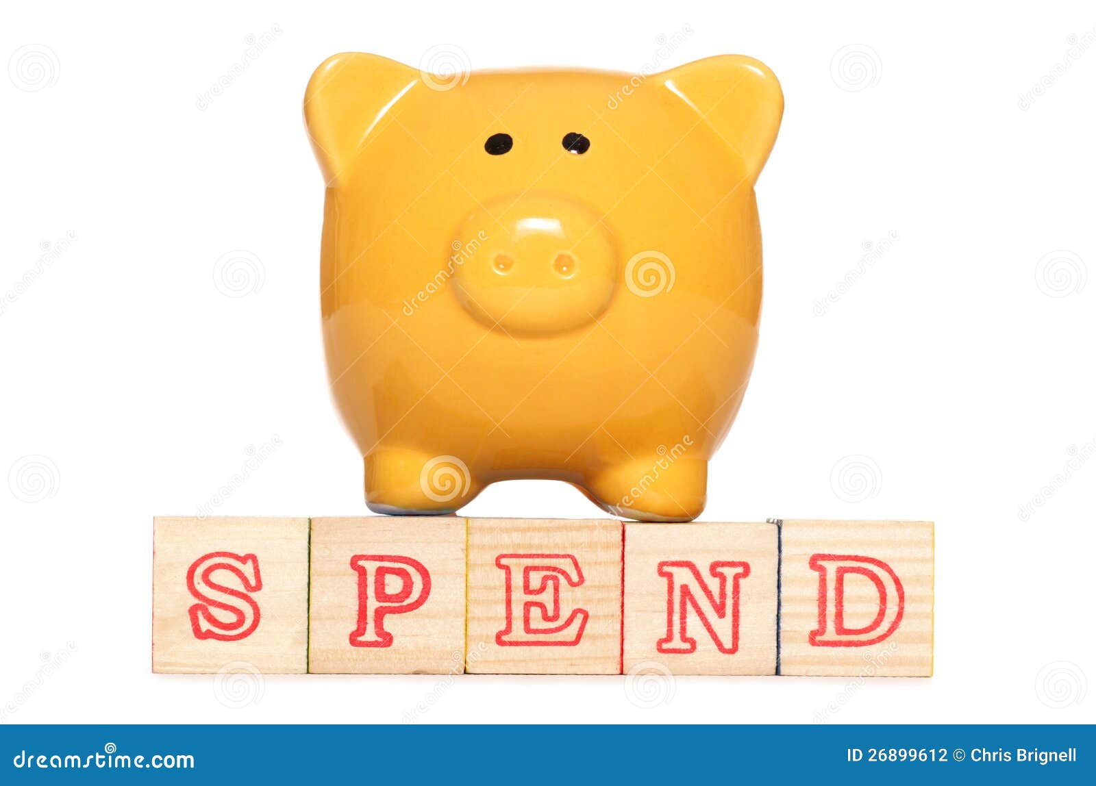 piggy bank with spend alphabet blocks