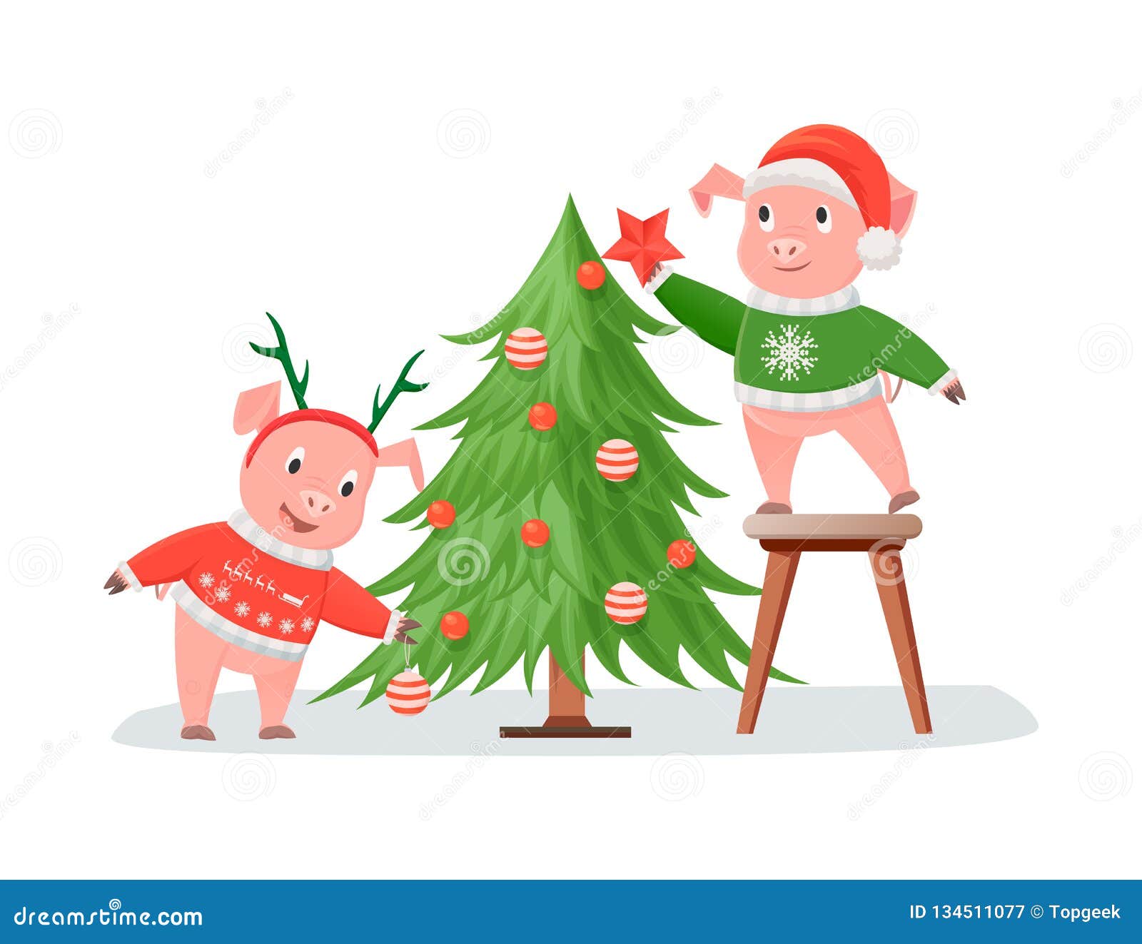 Pigs in Knitted Sweaters Decorating Christmas Tree Stock Vector ...