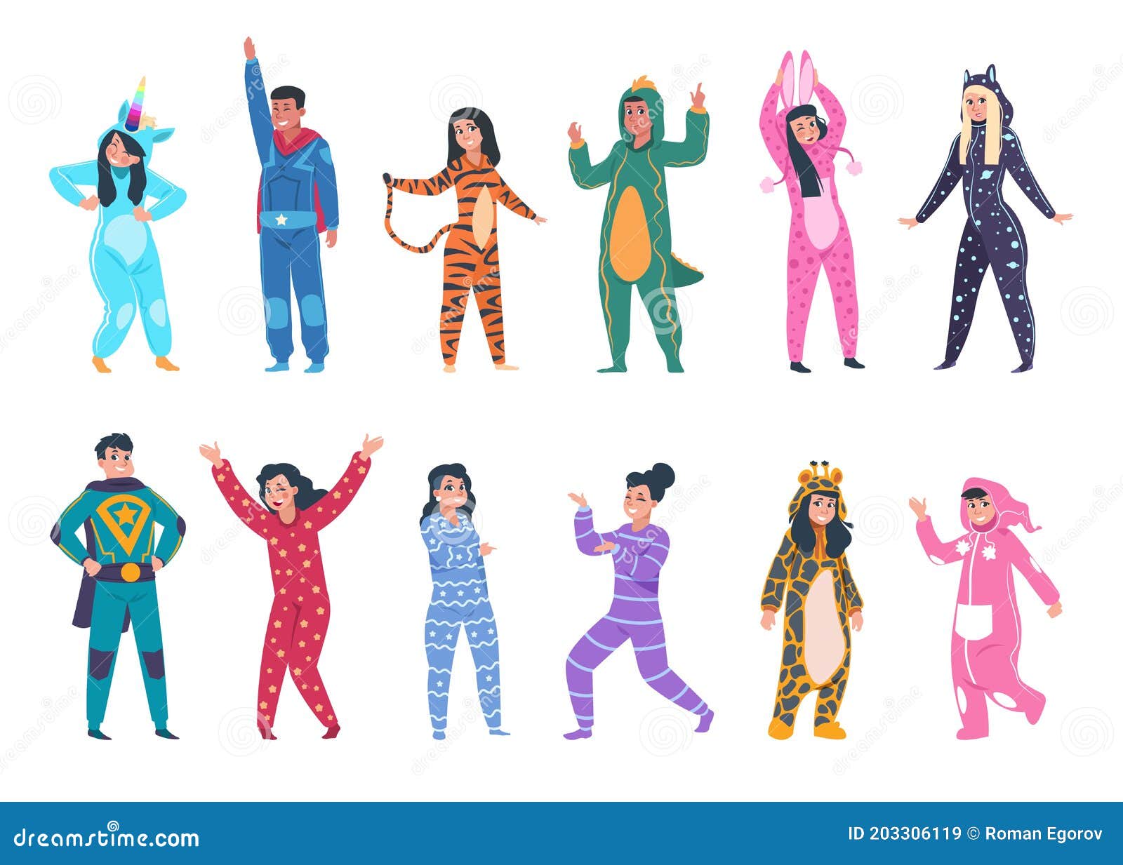 Ilustración De Pijamas De Animales Para Niños Niños Y Niñas Sonrientes En Monos Pelea De