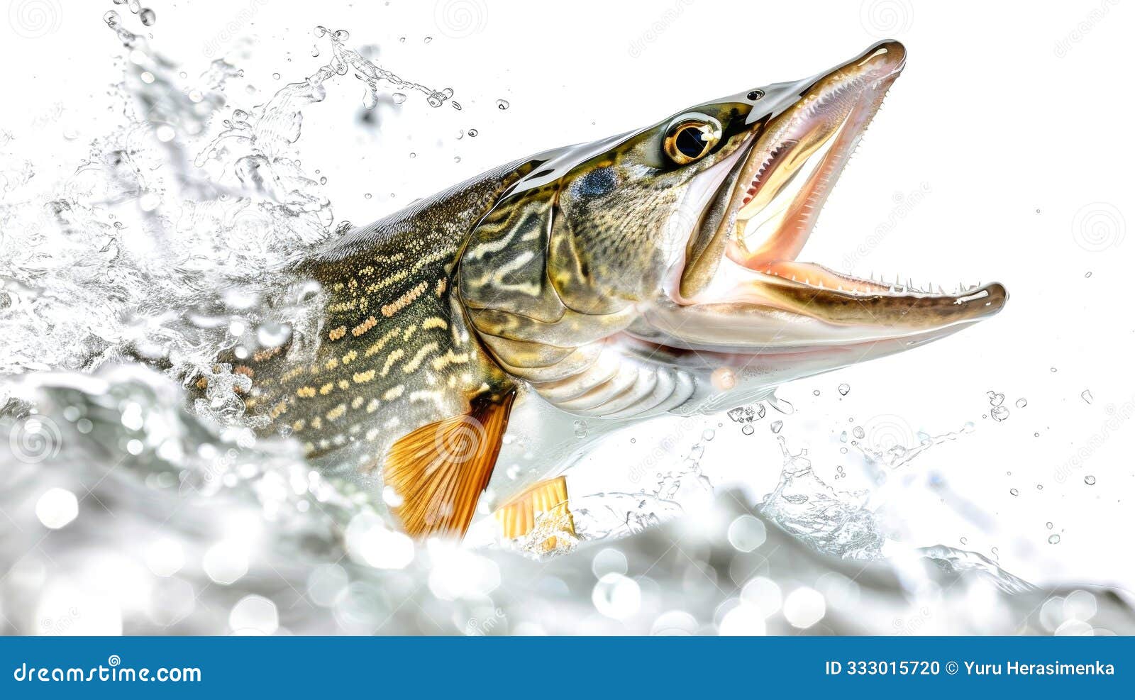 a pike fish leaps with vigor, mouth wide open, splashing droplets as it breaks the water's surface,