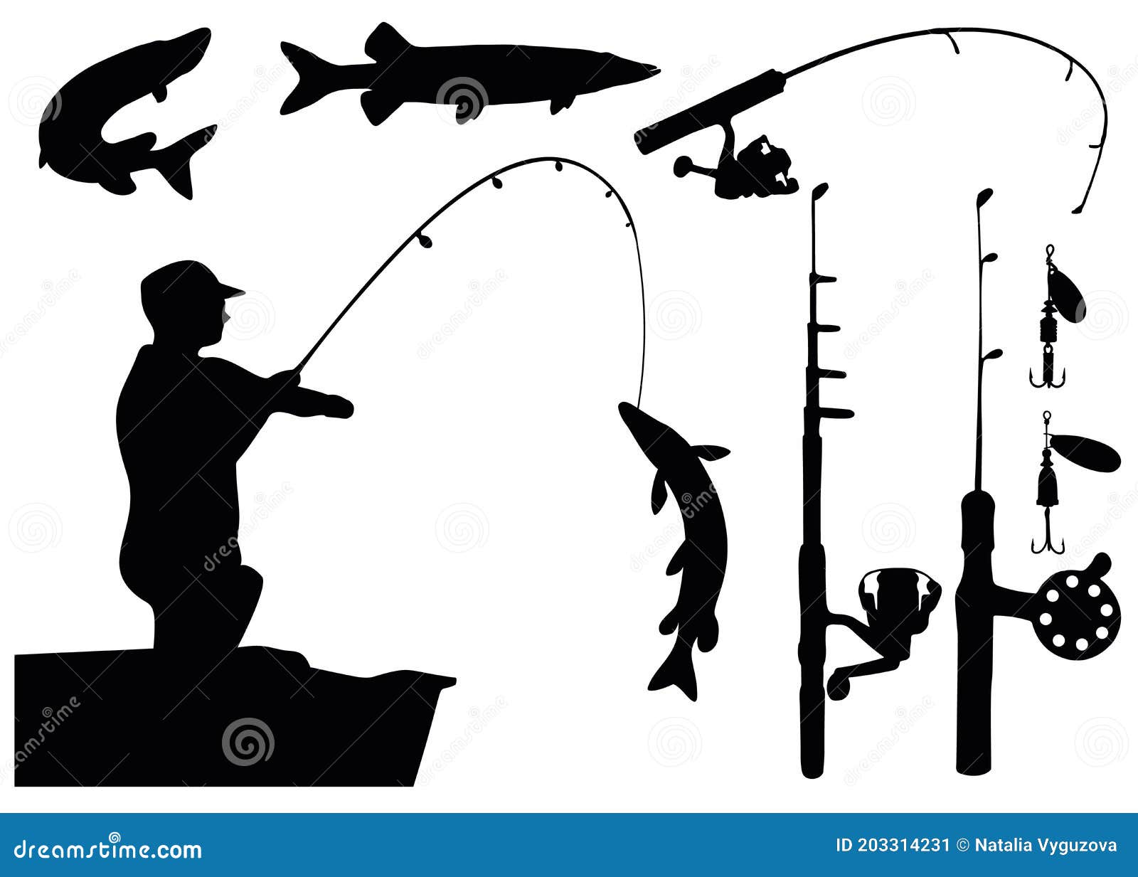 Pike fishing kit. stock vector. Illustration of silhouette - 203314231