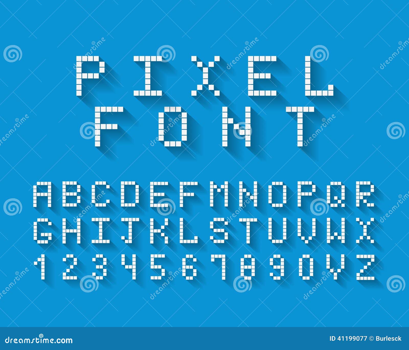 Piksel wektorowa chrzcielnica z zupełnym setem uppercase abecadłowi listy i liczby (0), 9 na błękitnym tle przez