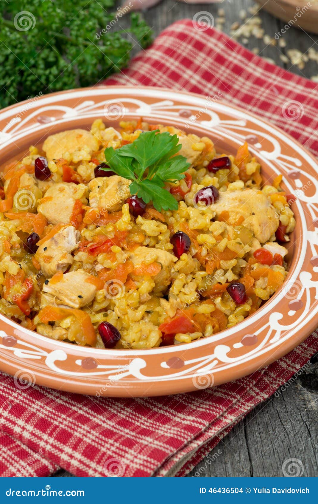 Pilaf with Vegetables, Chicken and Pomegranate on a Plate Stock Photo