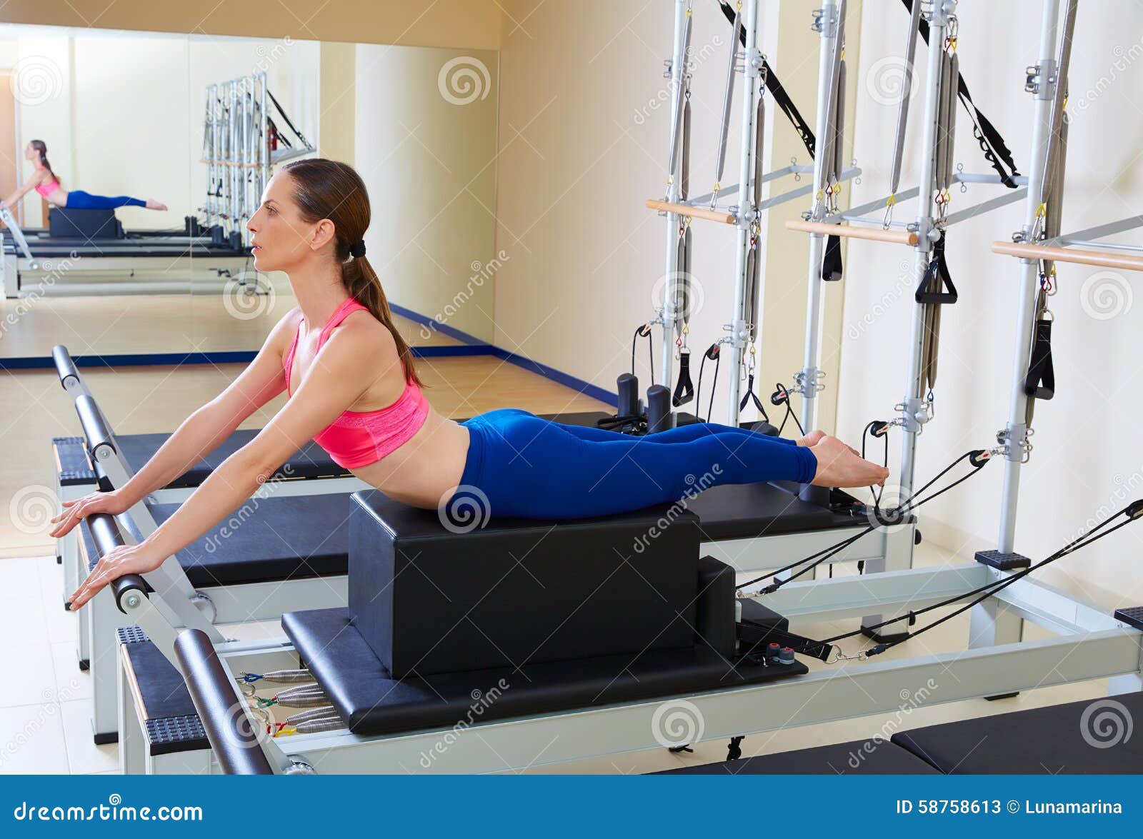Pilates Reformer Woman Short Box Swan Exercise Stock Image - Image