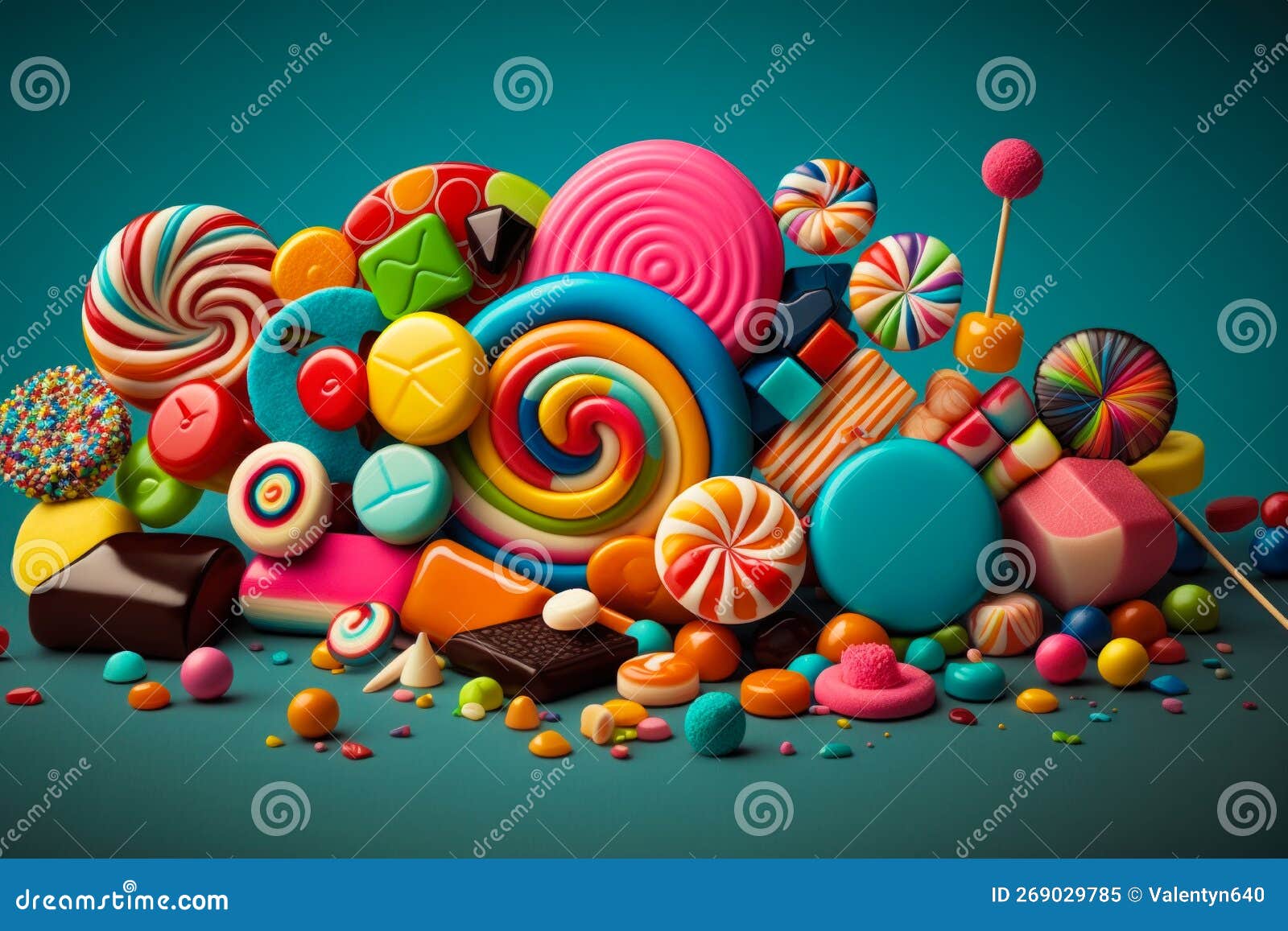 Pile of Assorted Candy on Blue Background. Generative AI Stock Image