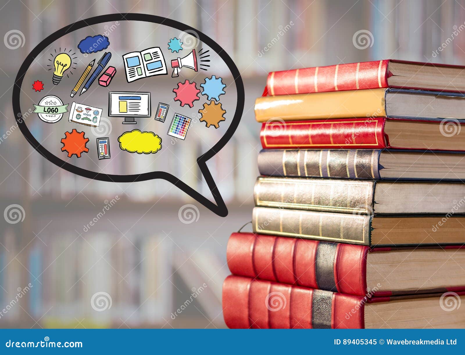 Pile Of Books With Speech Bubble And Graphics Against Blurry