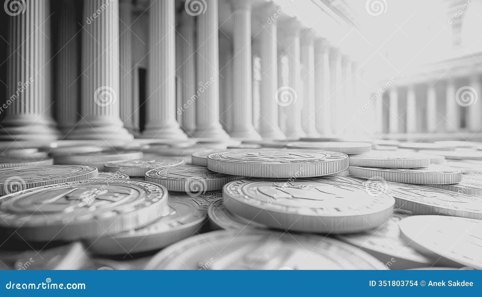 a pile of coins is shown in front of a row of pillars. the coins are all the same size and color, and they are arranged in a way