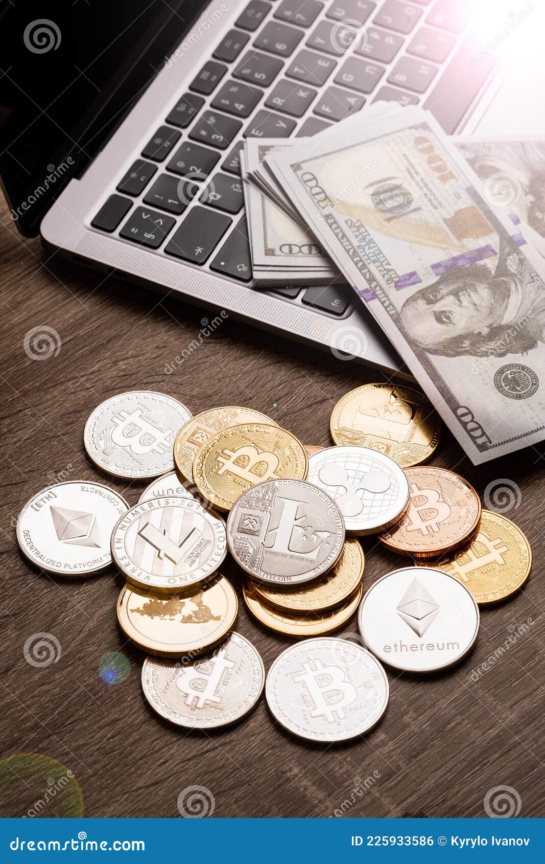 Pile of Cryptocurrency Coins and Stack of Dollars on the Table Near the  Laptop. Bitcoin and Other Cryptocurrencies Editorial Photo - Image of  concept, design: 225933586