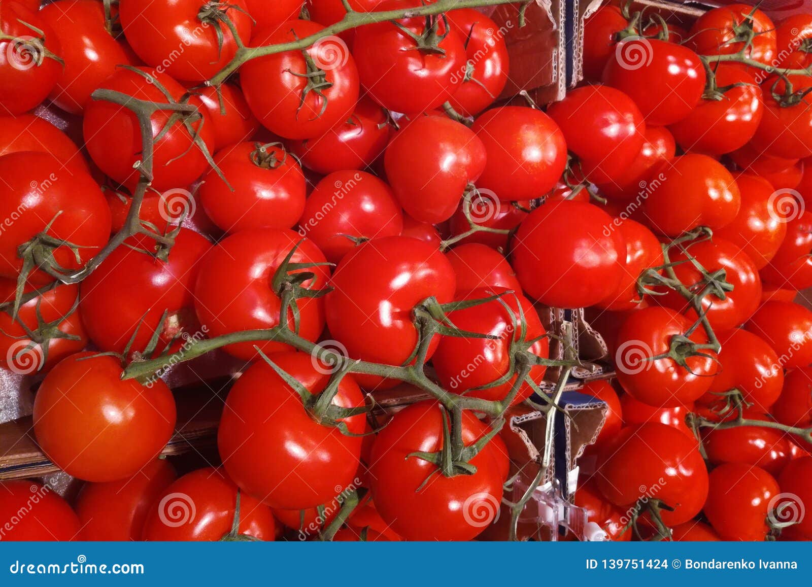 Pile of Delicious Red Tomatoes with Branches in a Market Stock Photo ...