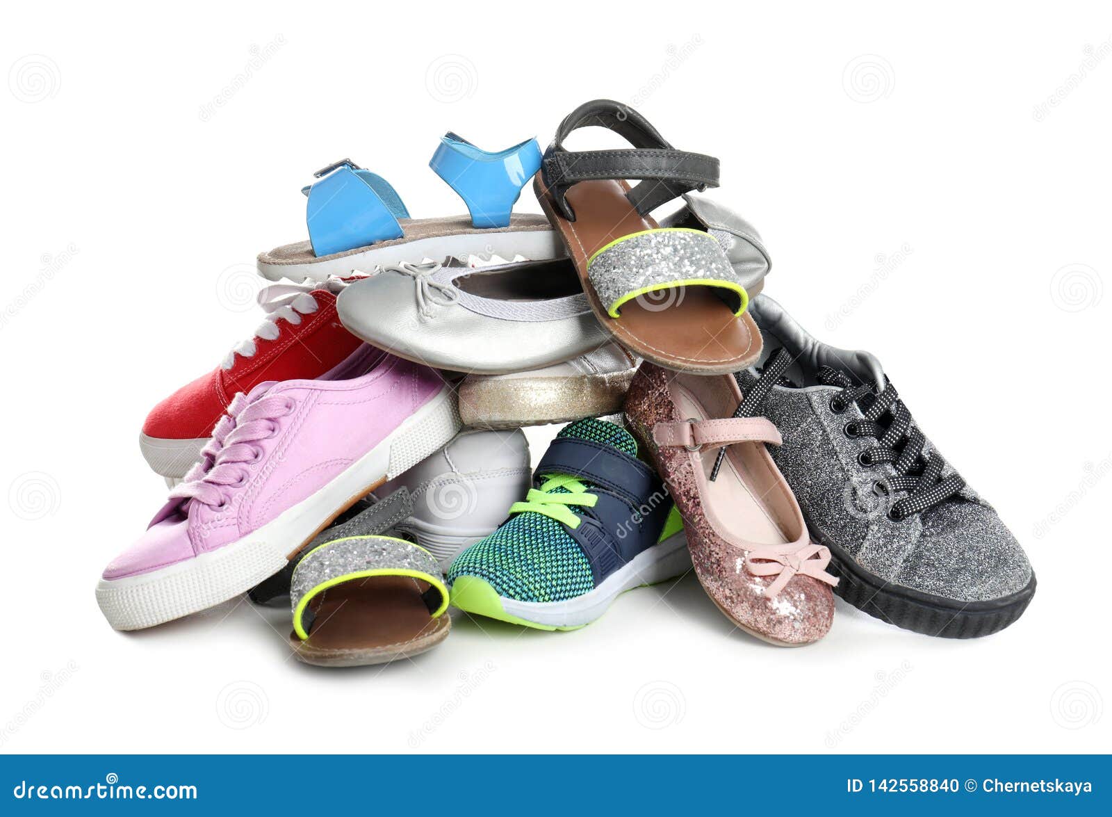 Pile of Different Shoes on White Stock Photo - Image of female ...