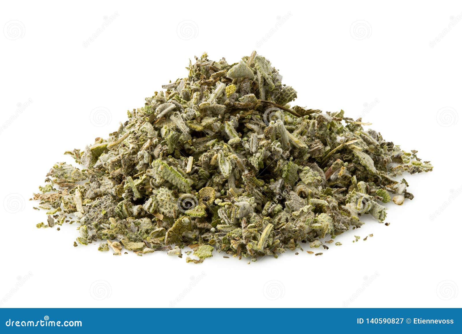 a pile of dried rubbed sage  on white