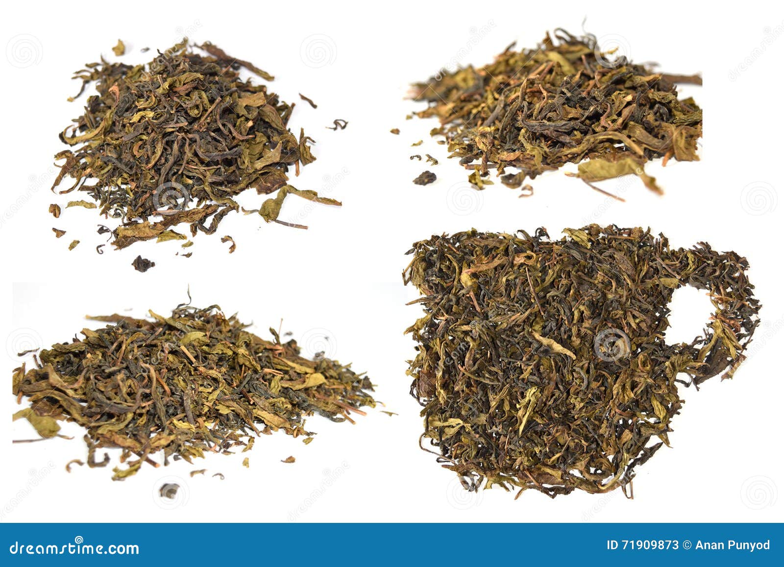 Pile of Dried Tea Leaves and Dried Tea Leaves Cup Isolate on White
