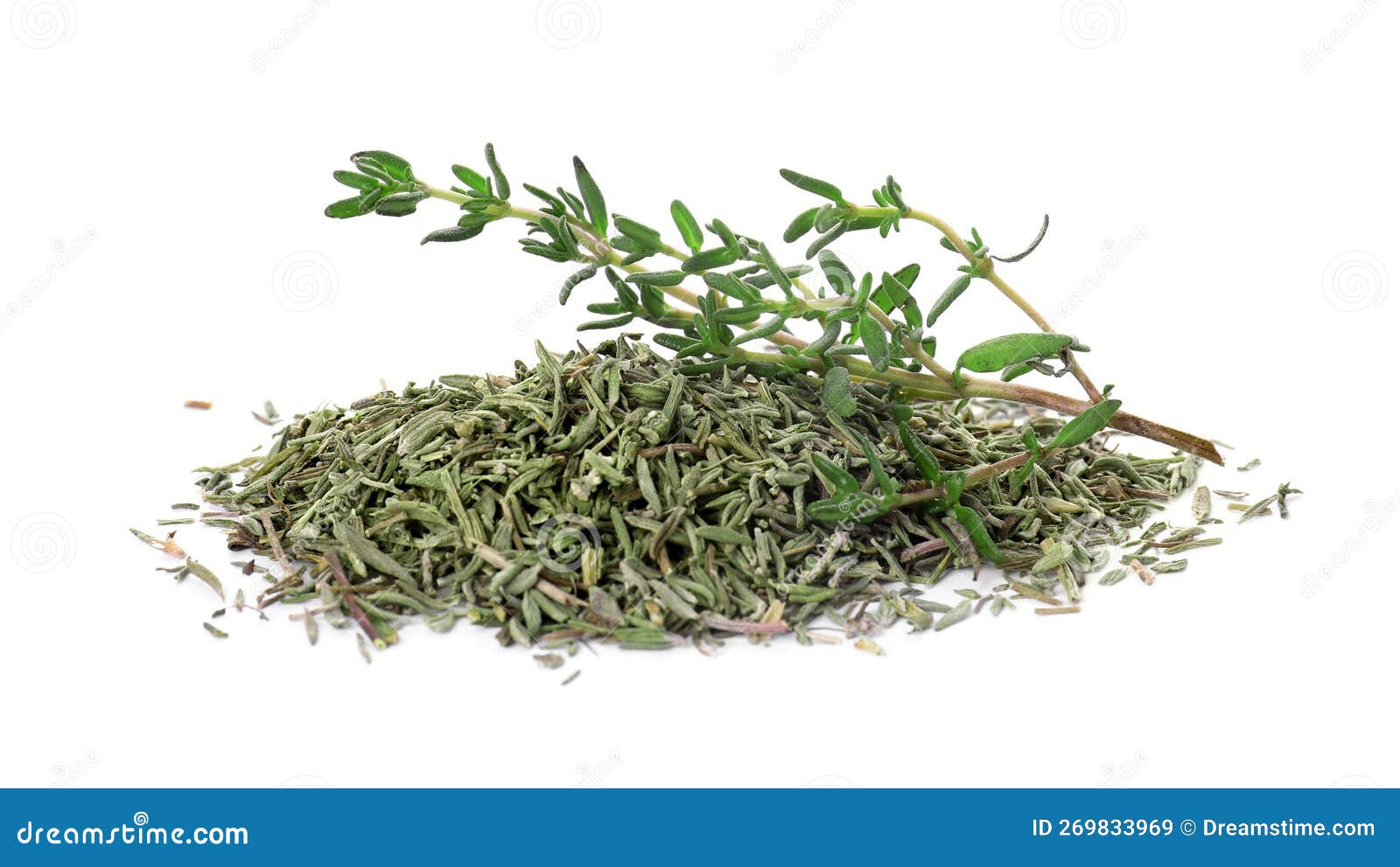 Pile of Dried Thyme and Fresh Herb Isolated on White Stock Image