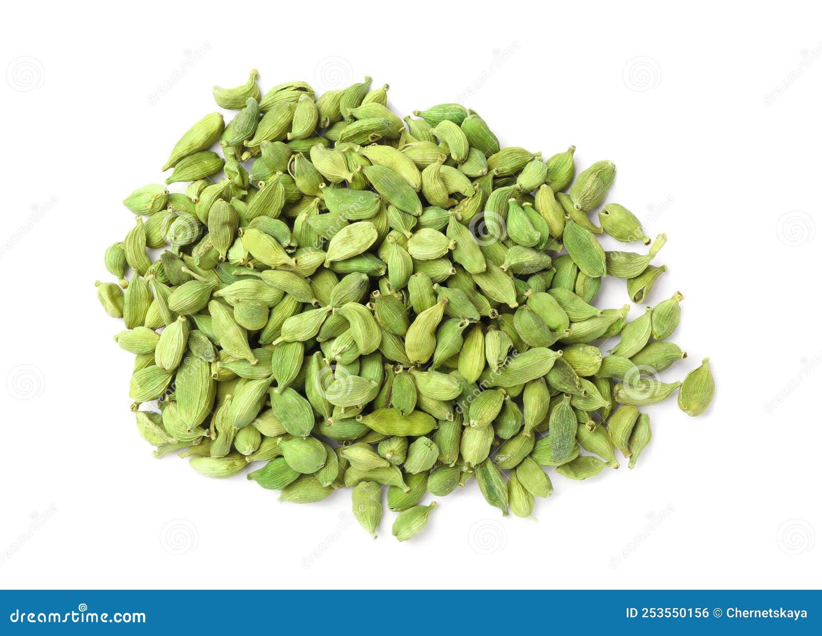Pile of Dry Cardamom Seeds on White Background, Top View Stock Photo