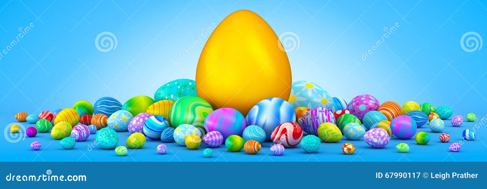 pile of easter eggs surrounding a giant golden egg