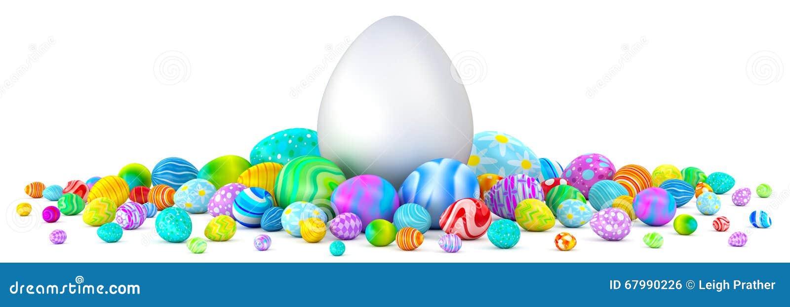 pile of easter eggs surrounding a giant white egg