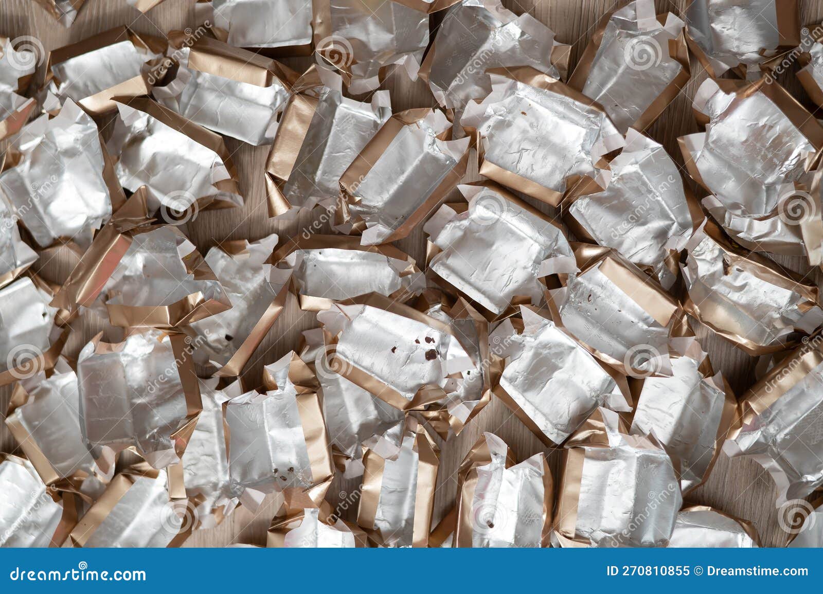 Pile of Empty Silvergold Candy Wrappers. Top View. Stock Image Image