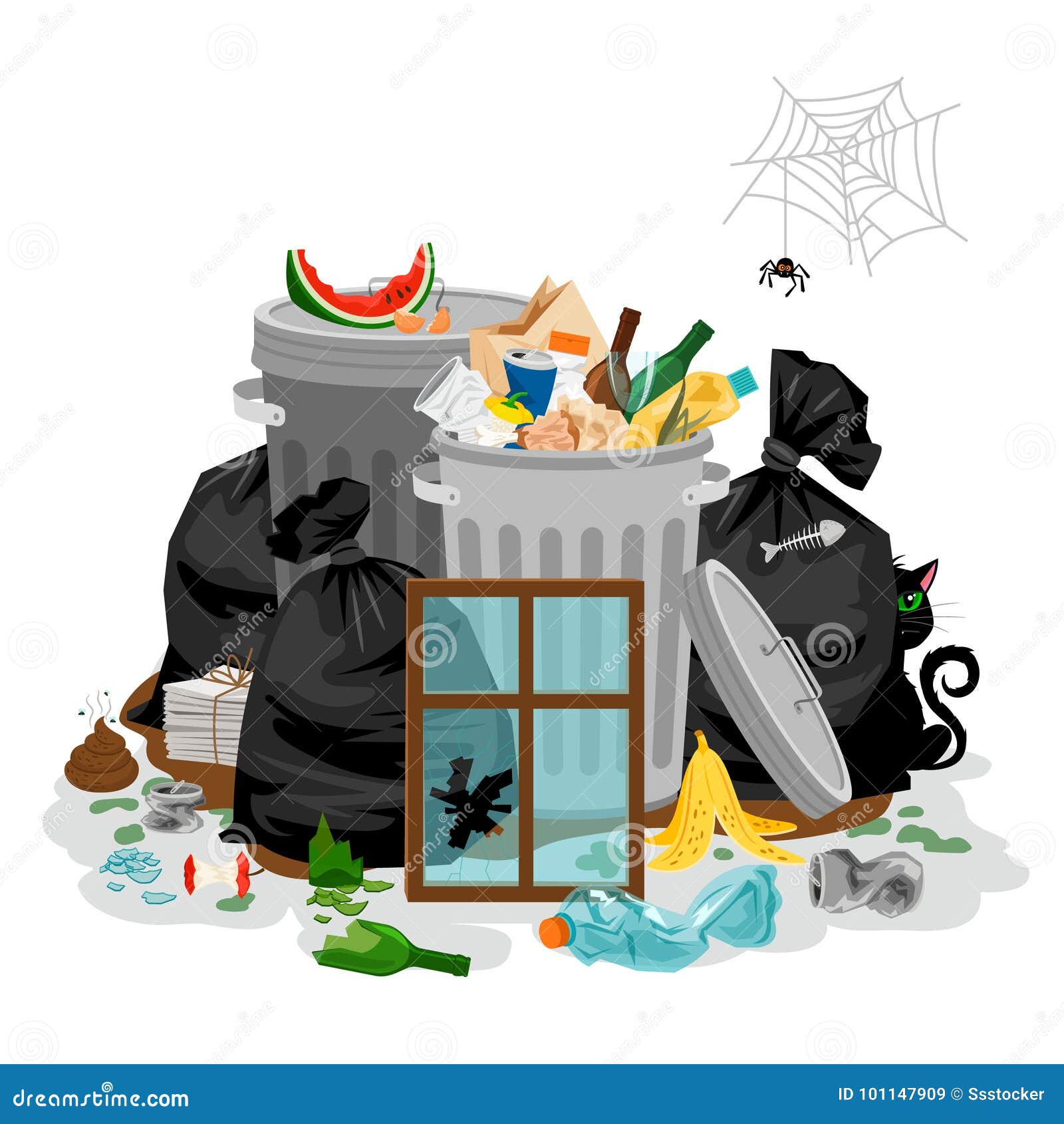 pile of garbage in white. littering waste concept with with organic and household rubbish and trash