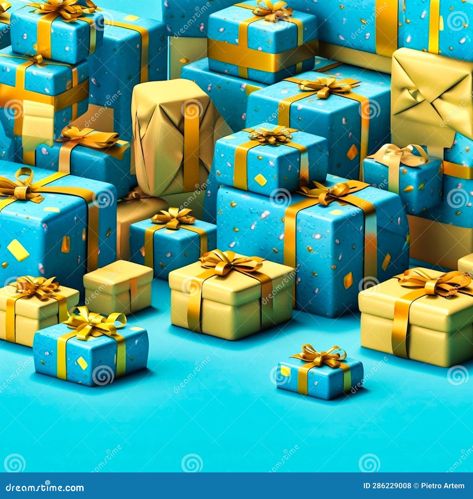 A Pile of Gift Packages on a Blue Background, Generative AI Stock Photo