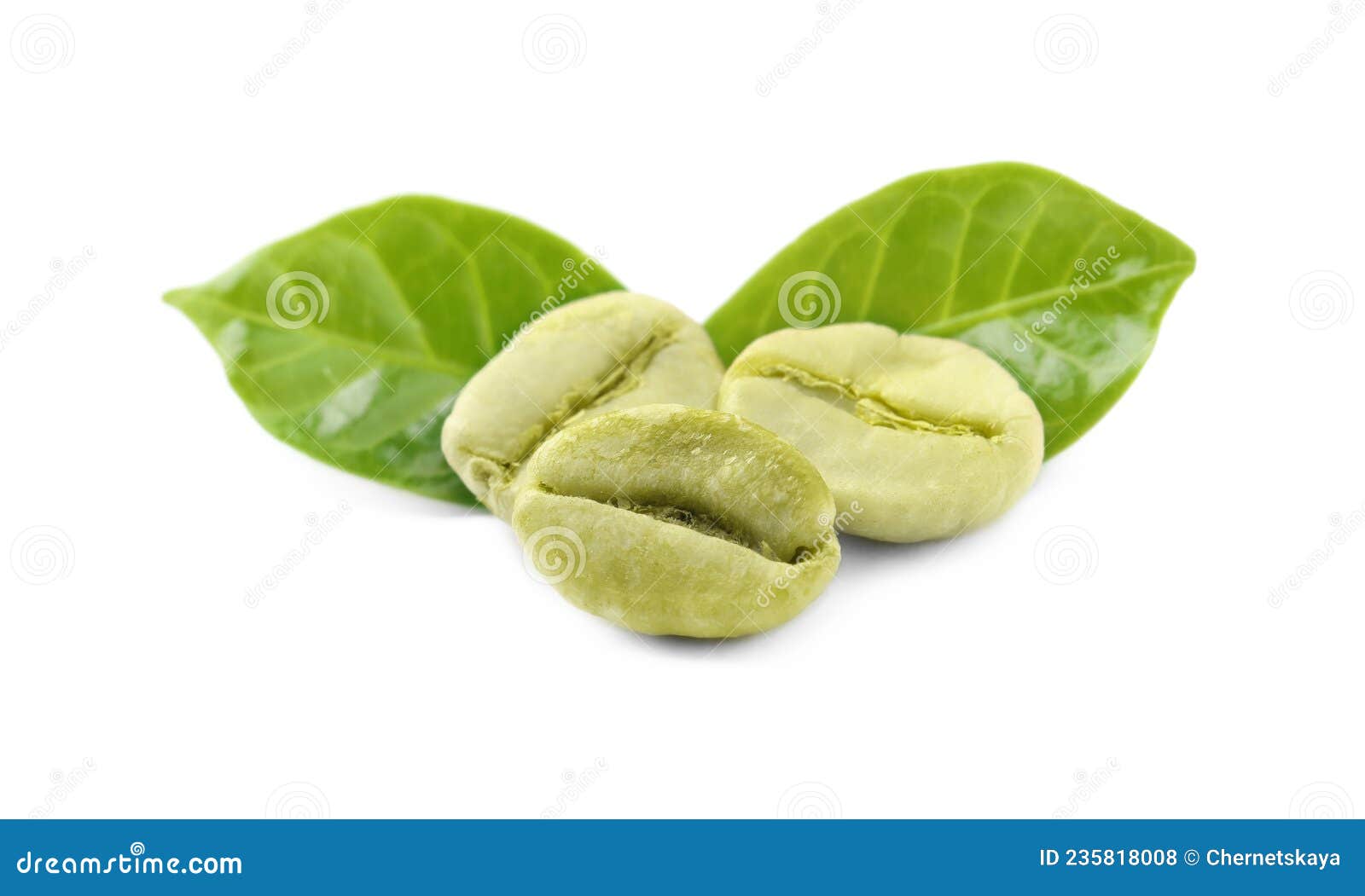 Pile of Green Coffee Beans and Leaves on White Background Stock Photo