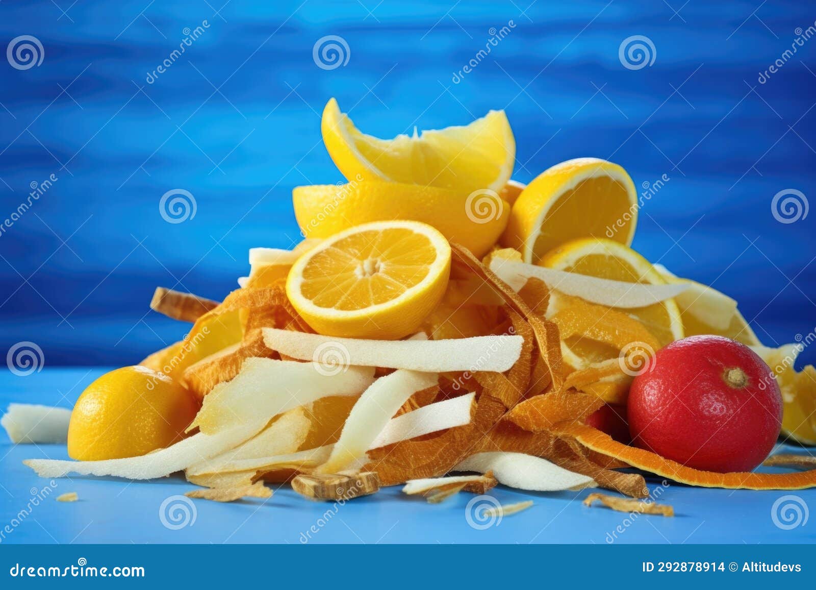 A Pile of Mixed Citrus Fruit Peels on a Blue Background Stock Photo