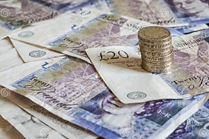 Pile Of Money And Stacked Coins British Pounds Sterling Gbp Editorial 