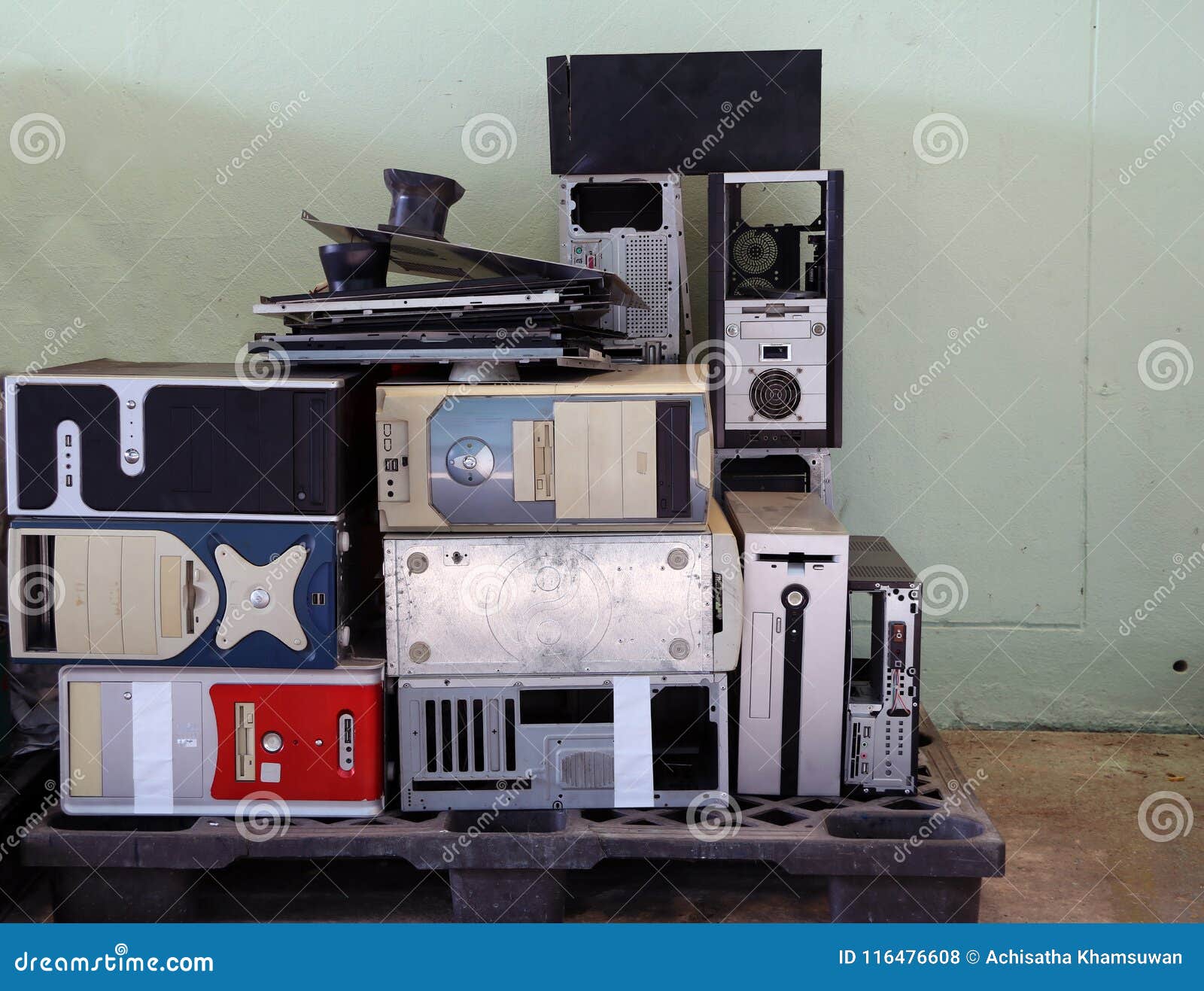 Pile of Obsolete Used Computer Case on the Palette. it is the Enclosure