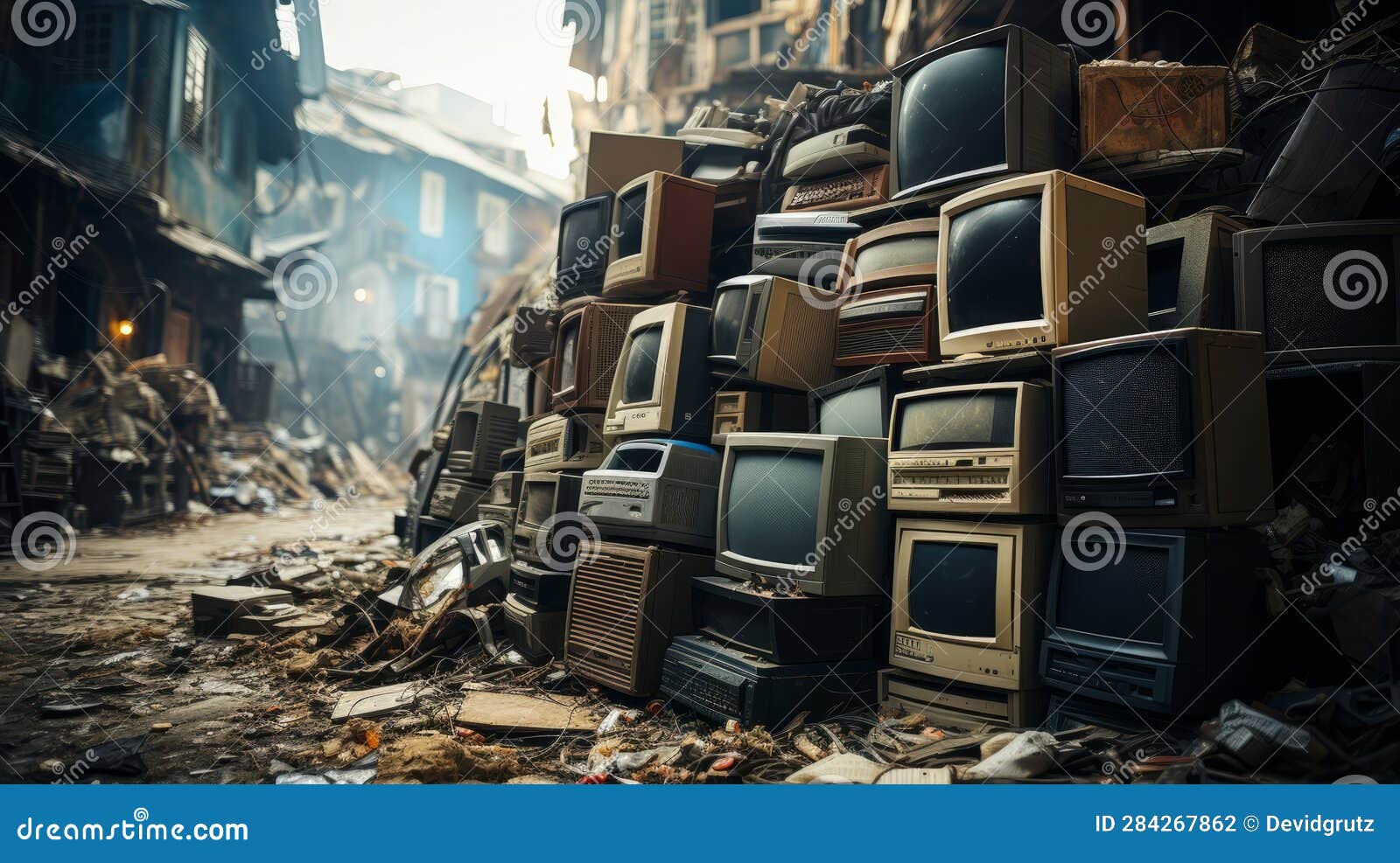 A Pile of Old Computers and Broken Tvs. Generative AI. Stock