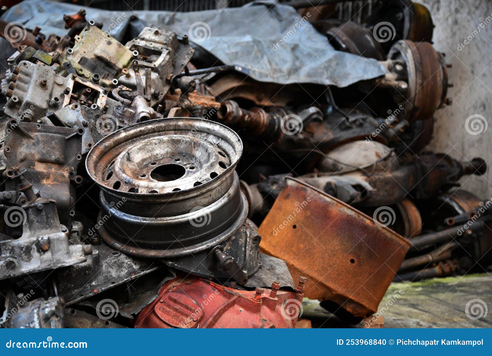 Pile Of Old Machine Parts And Car Spare Parts Rusty And Corroded
