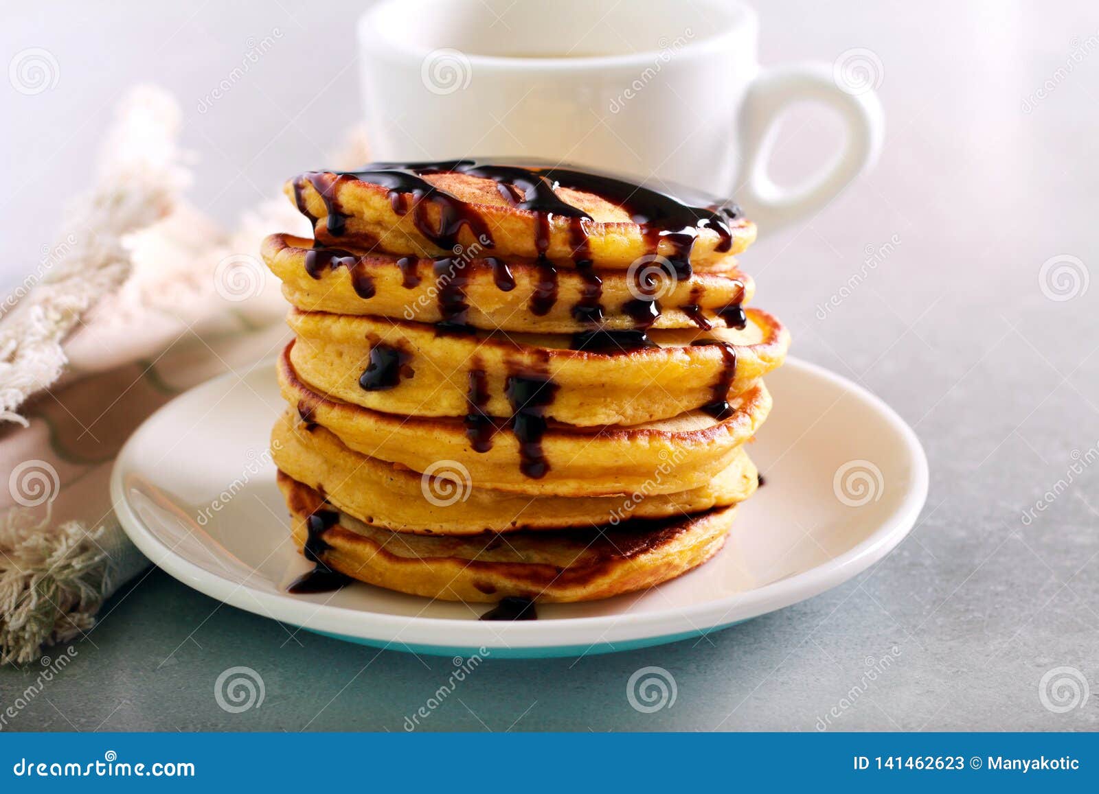 Pile of Pancakes with Chocolate Syrup Stock Image - Image of snack ...