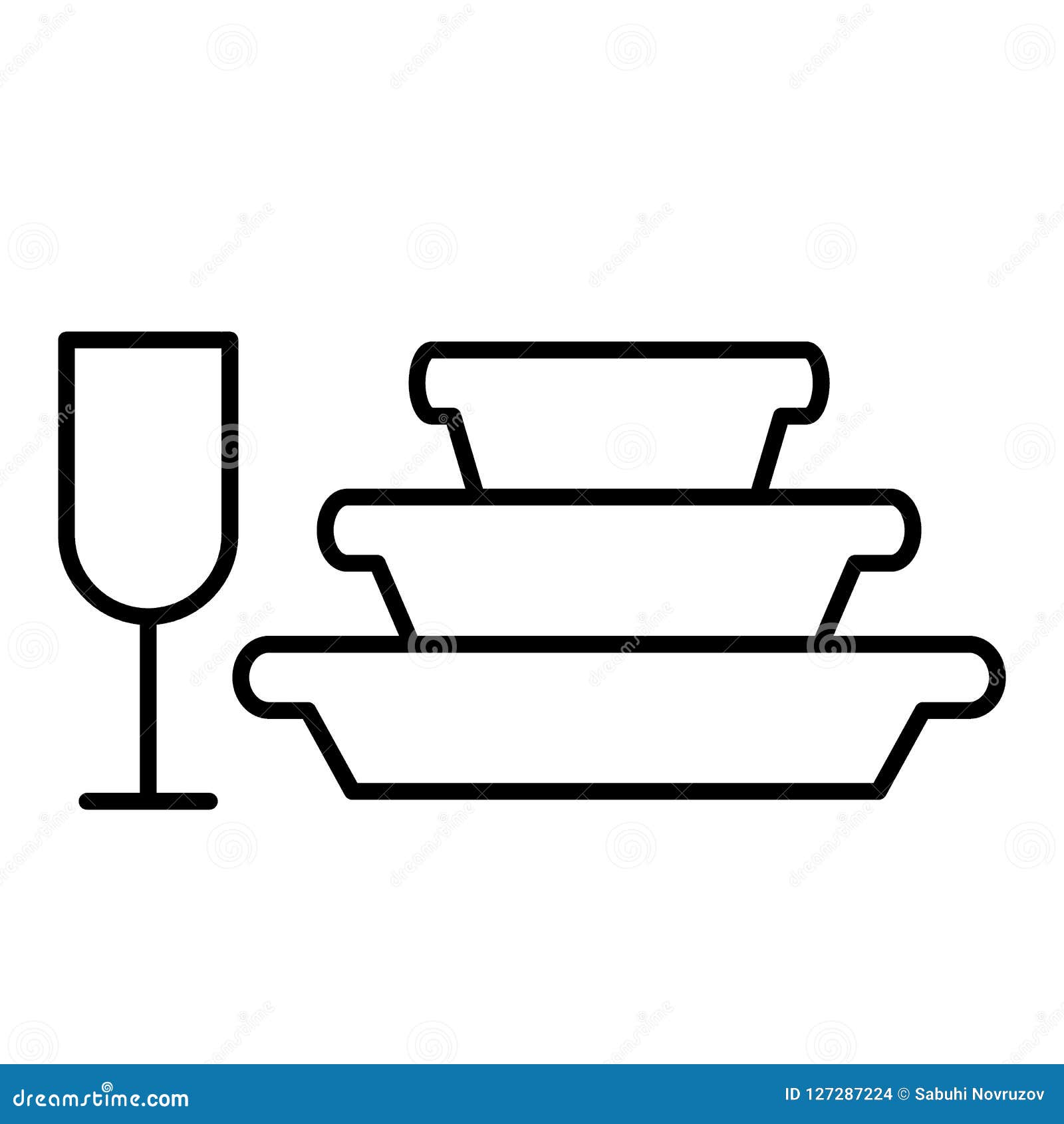 Pile of Plates and Glass Thin Line Icon. Stemware and Stack of Dishes