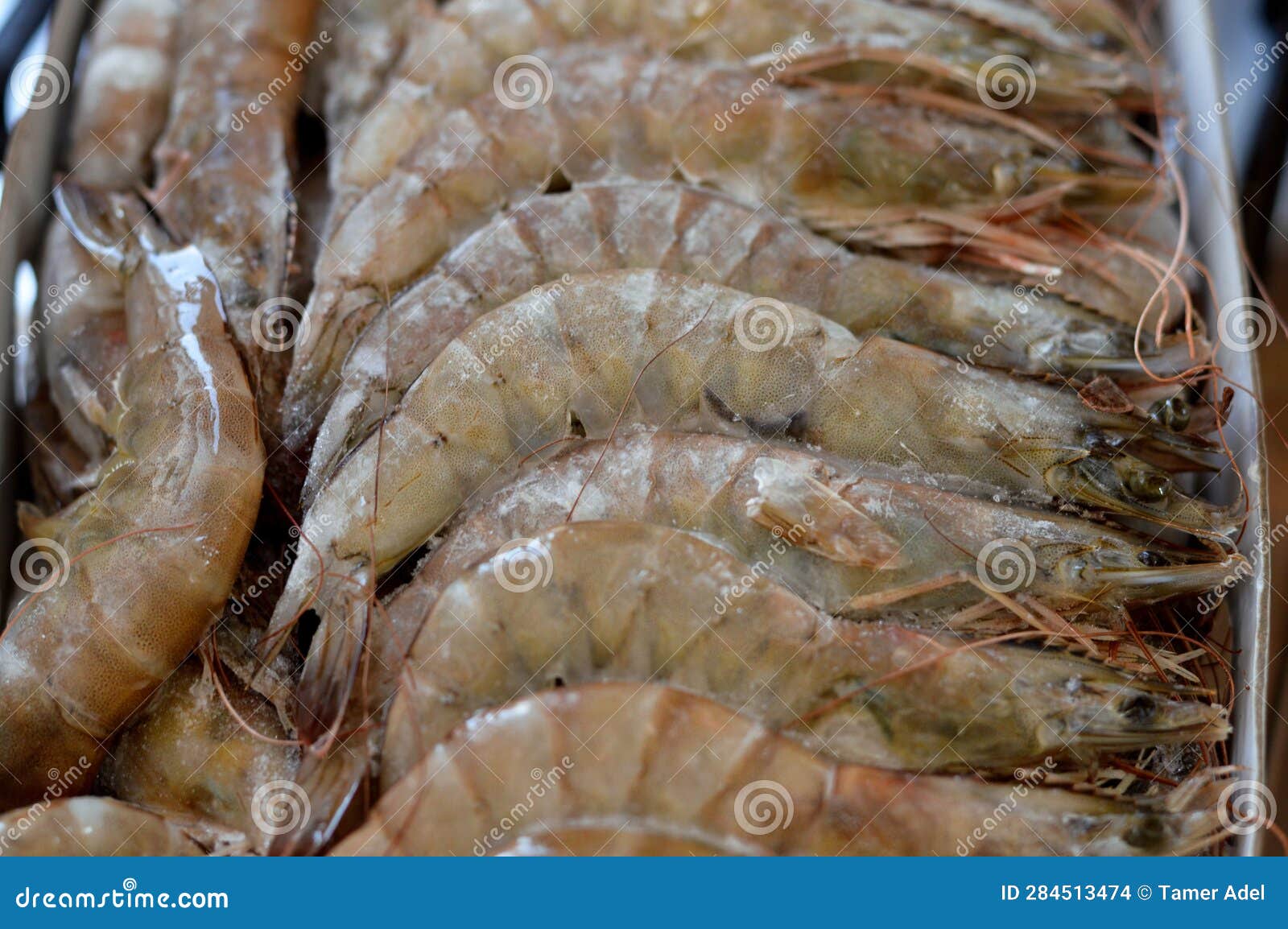 pile of raw frozen shrimps, a crustacean (a form of shellfish) with an elongated body