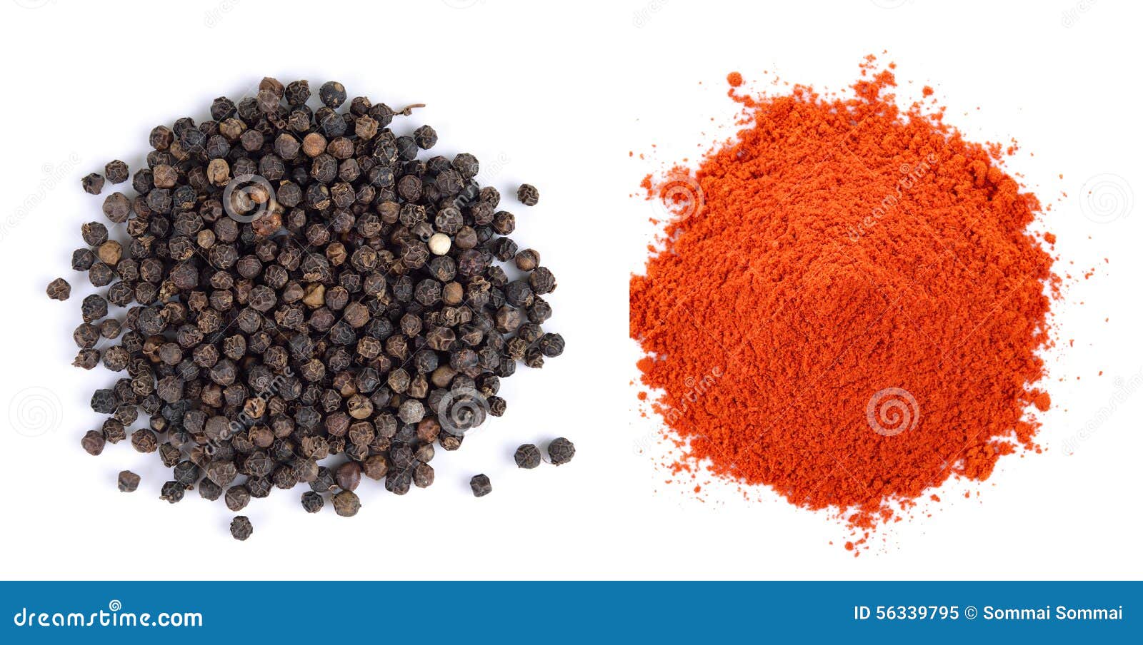 pile of red paprika powder and black pepper seeds on white background