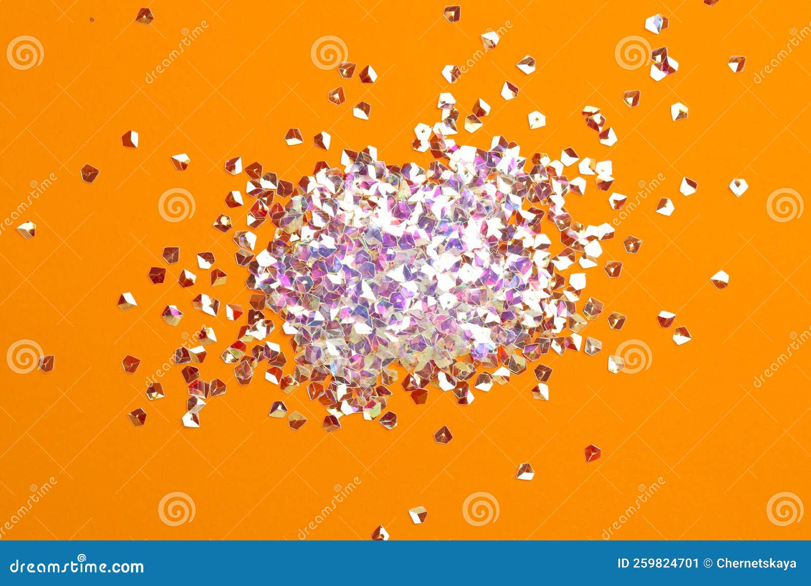 Pile of Shiny Glitter on Orange Background, Flat Lay Stock Image