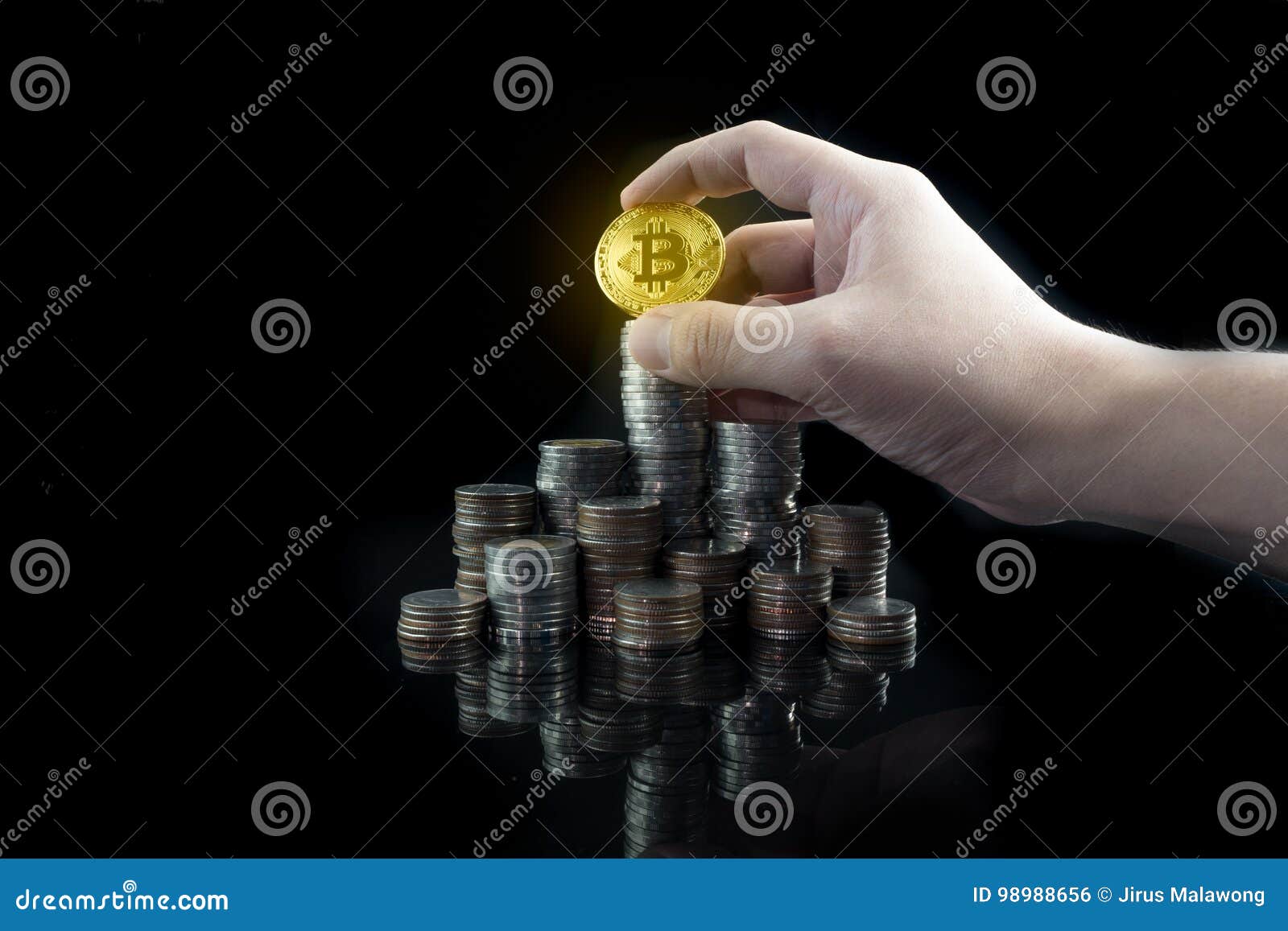 Pile Of Stacking Coins With Shiny Golden Bitcoin On Top ...