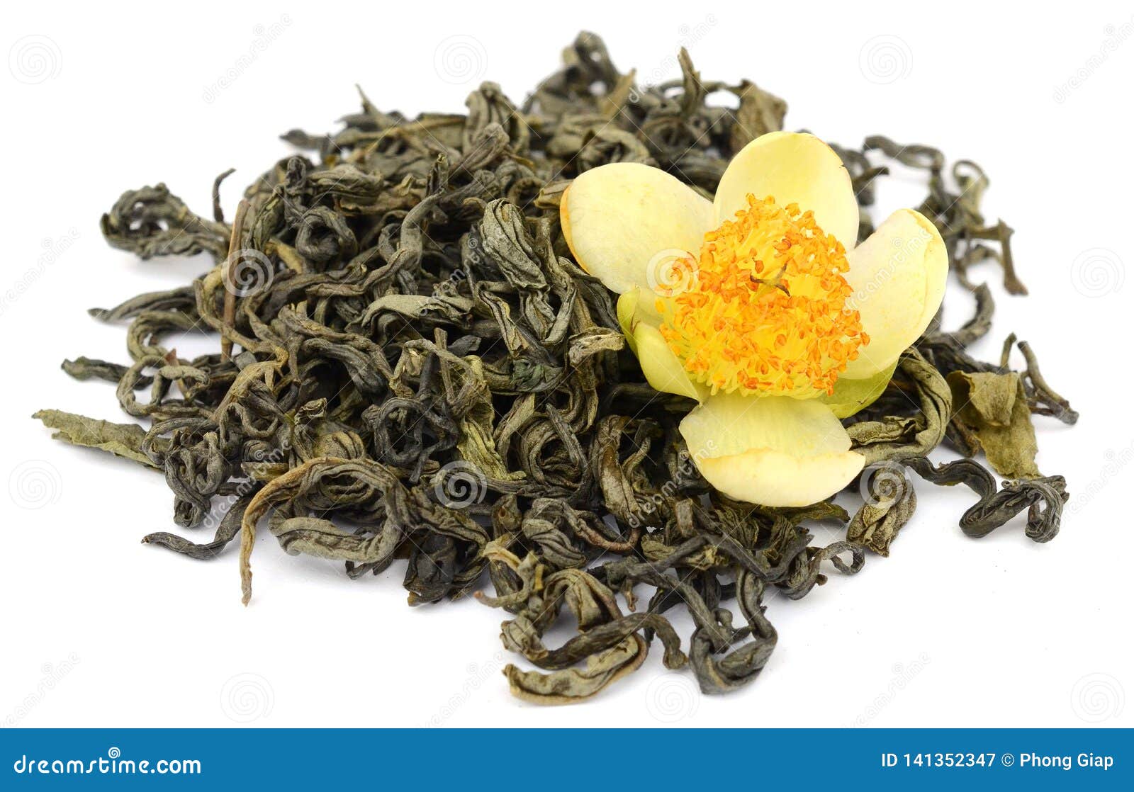 a pile of dry green tea. on white background. food background. eating, .