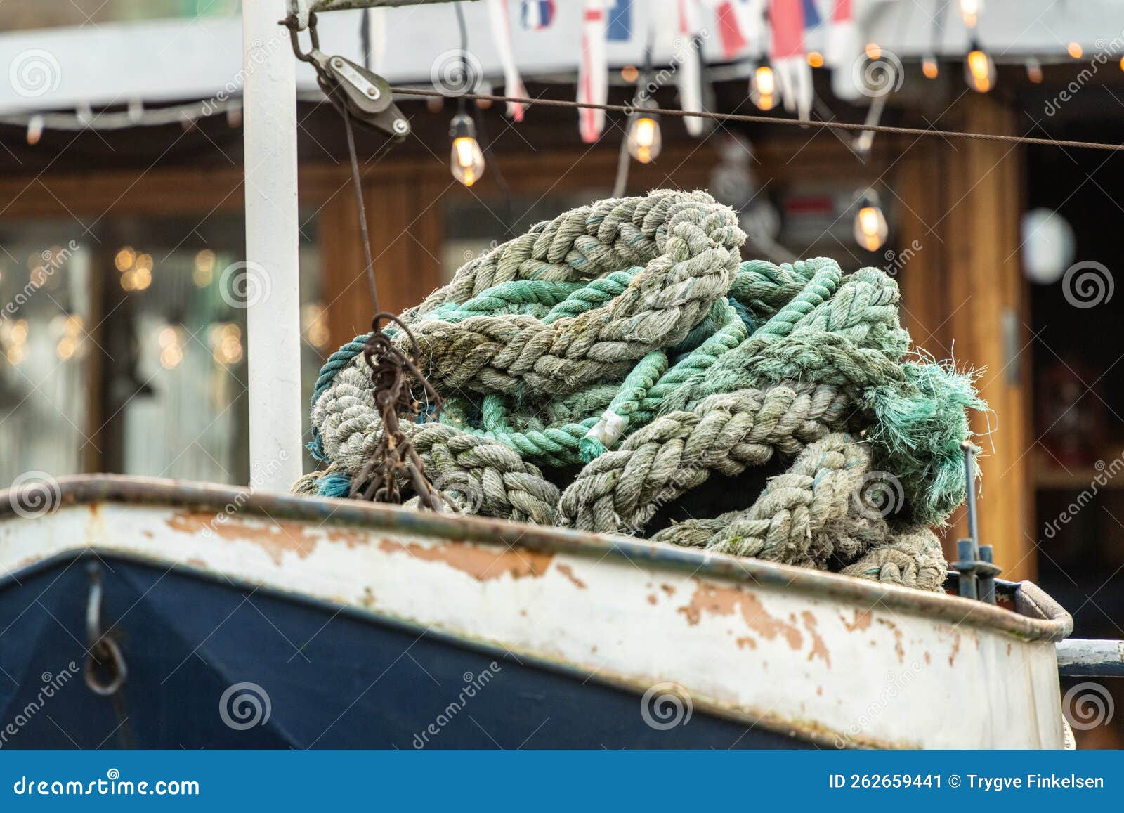 Pile of Thick Mooring Ropes in a Small Boat.. Stock Image Image of