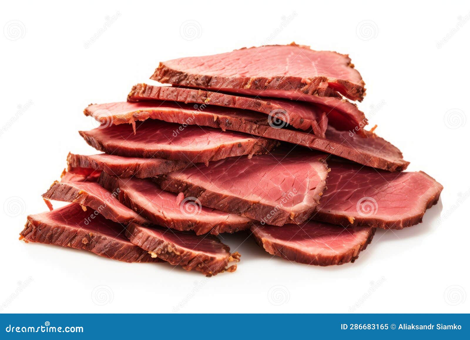 Pile of Thinly Sliced Pastrami Meat Isolated on a White Background