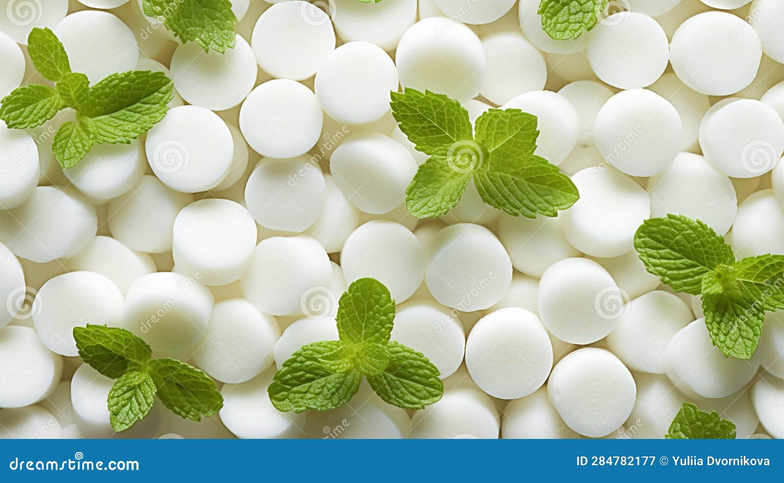 Pile of White Mints Candy with a Green Mint Leaves. Generative AI Stock