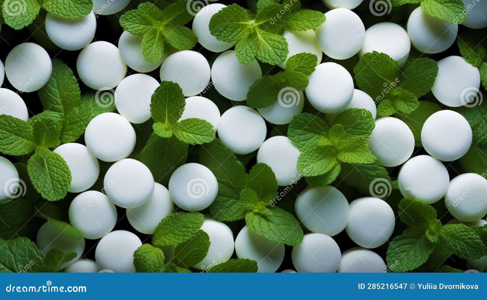 Pile of White Mints Candy with a Green Mint Leaves. Generative AI Stock