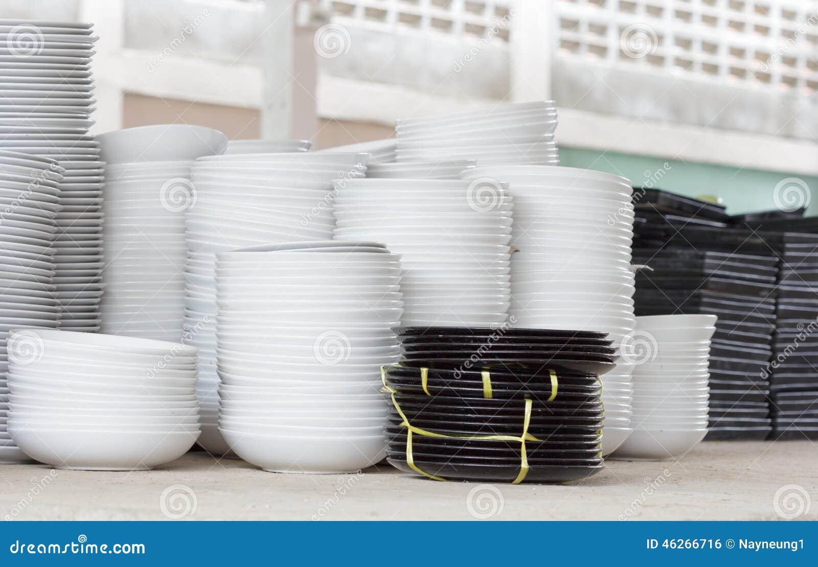Pile of White Plates in Warehouse. Stock Photo Image of white