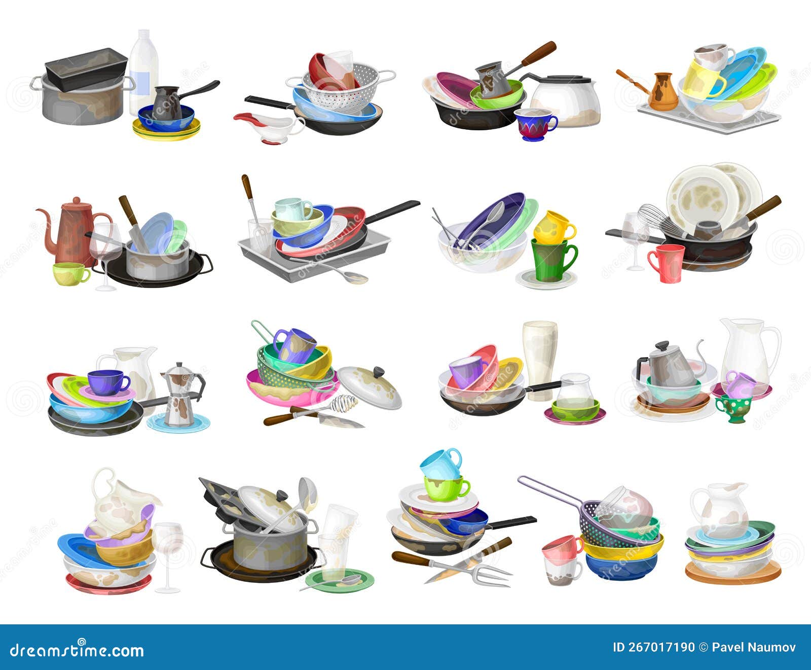 Piles of Dirty Dishes and Utensils with Plates and Cups Big Vector Set