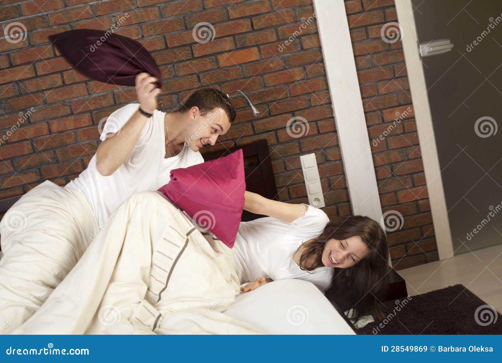 Pillow fight stock image. Image of women, morning, bedroom 28549869
