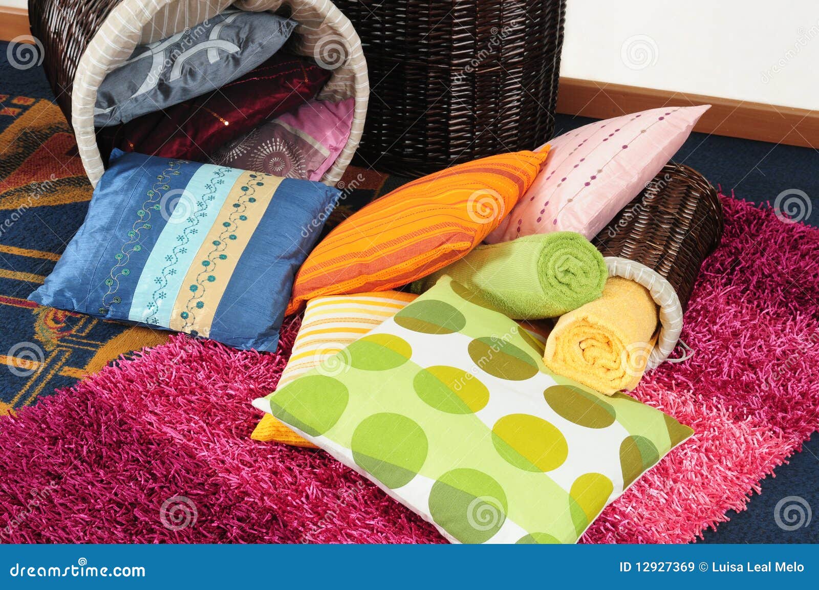 Pillows in basket. stock image. Image of orange, cushion 12927369