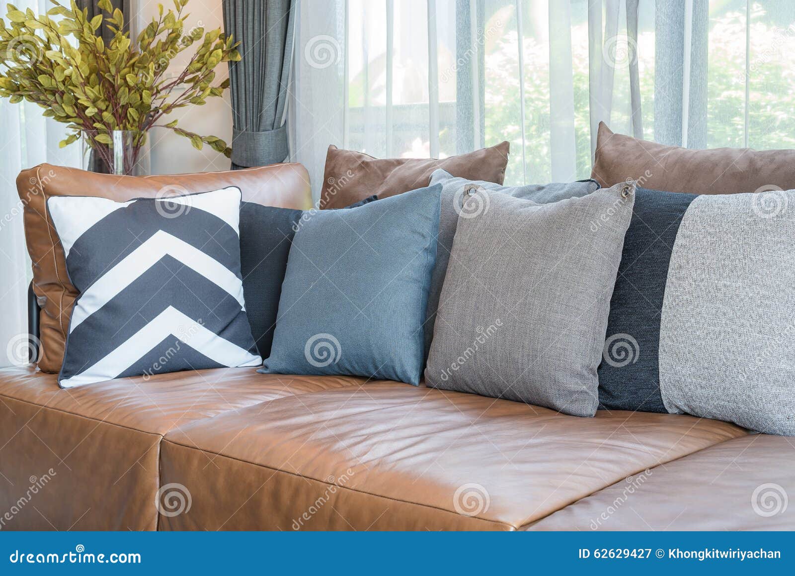 Pillows on Brown Leather Sofa Stock Image Image of architecture